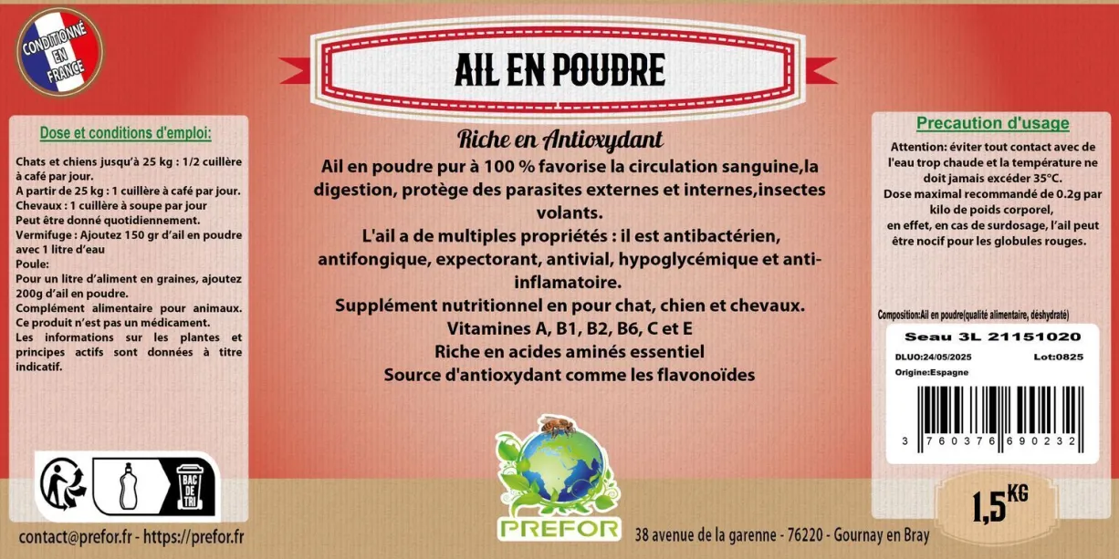 Ail en poudre poule seau 1,5kg - Prefor