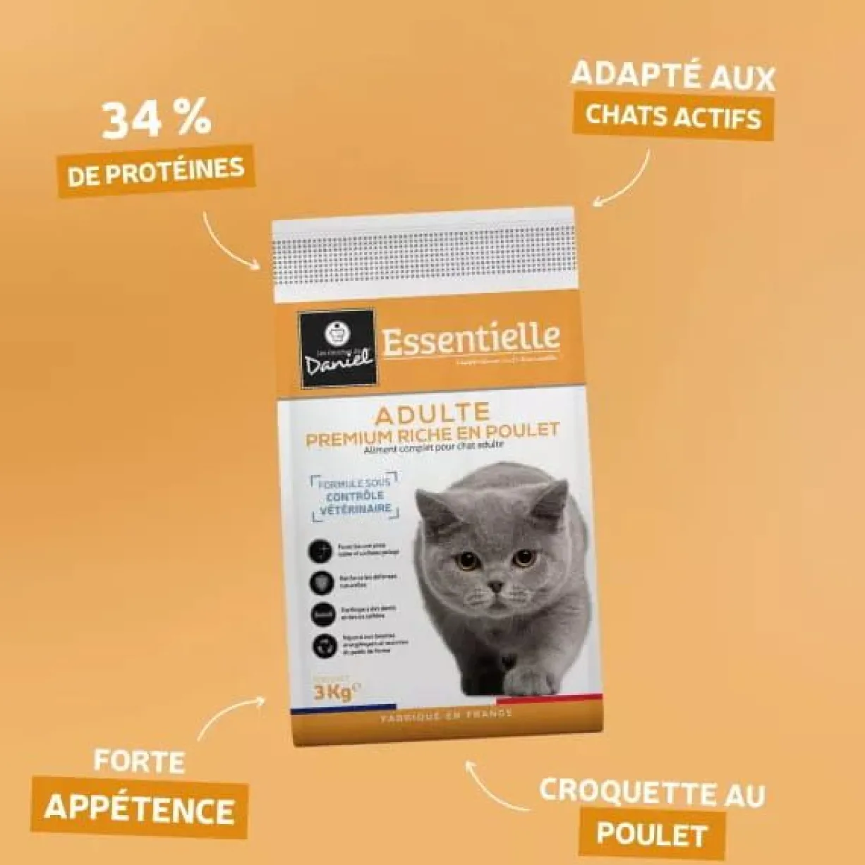 Croquettes chat Essentielle Adulte Premium poulet 3kg - Les recettes de Daniel