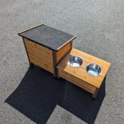 Double gamelle en inox avec support bois pour niche extérieur