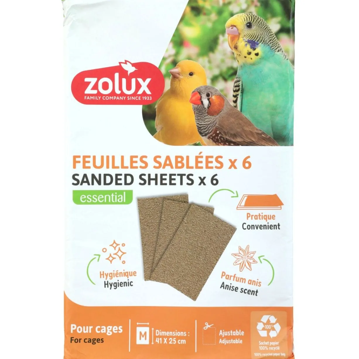 Feuilles sablées pour cage oiseaux 41x25cm par 6 - Zolux