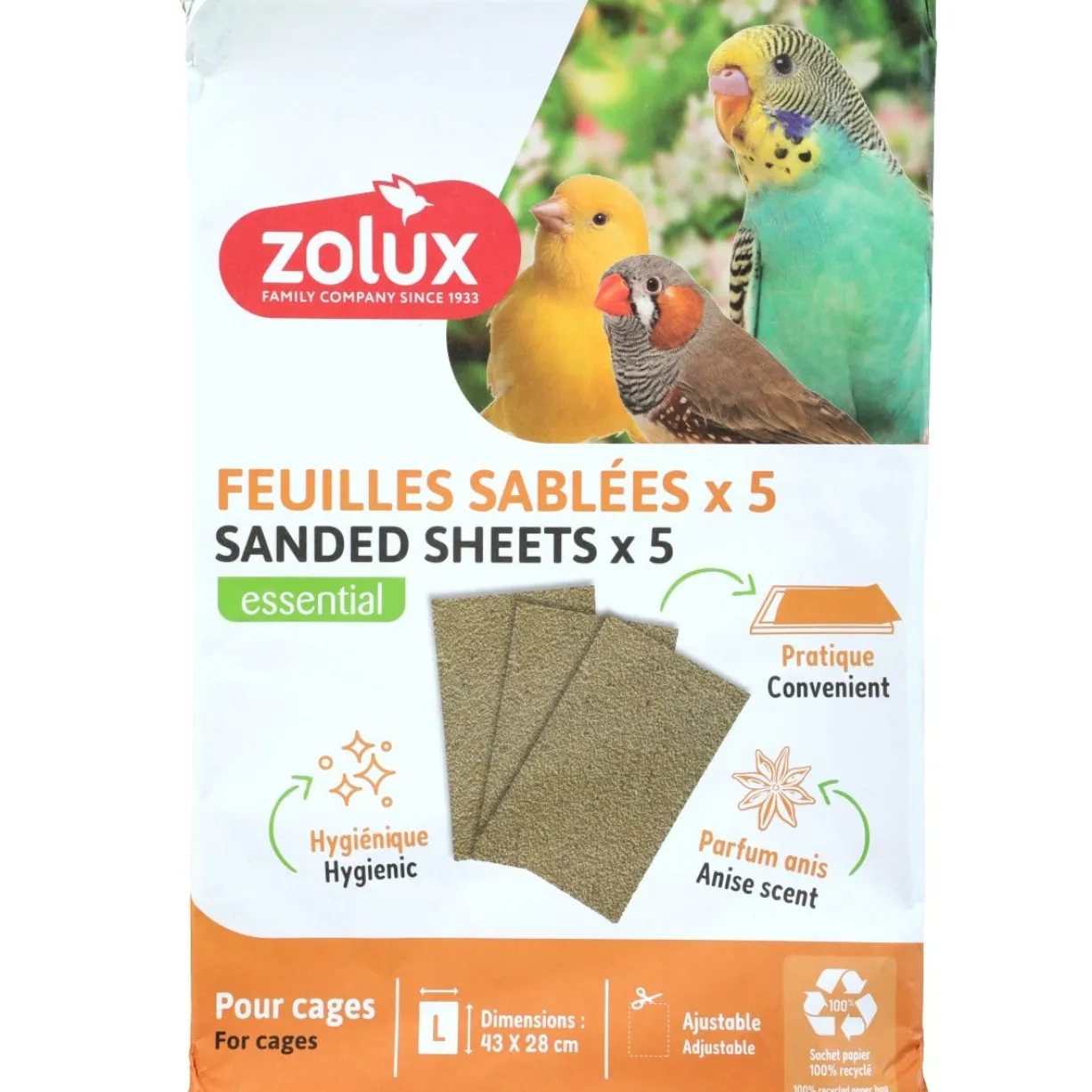 Feuilles sablées pour cage oiseaux 43x28cm par 5 - Zolux