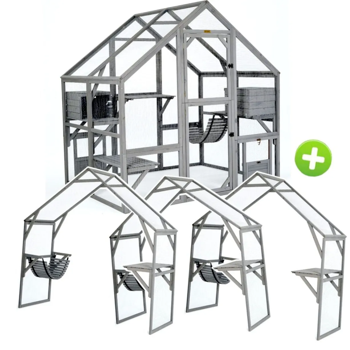 Grand catio équipé chat Deluxe 350x188x188cm sans bâche - Kat’Venture