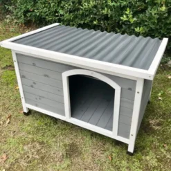 Niche pour chien Toit plat ondulé grise et blanche taille L