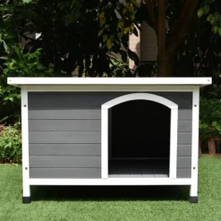 Niche pour chien Toit plat ondulé grise et blanche taille L