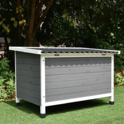 Niche pour chien toit plat ondulé grise et blanche taille L avec porte lamelles PVC taille 2