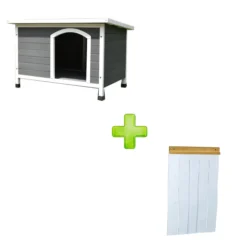Niche pour chien toit plat ondulé grise et blanche taille L avec porte lamelles PVC taille 2