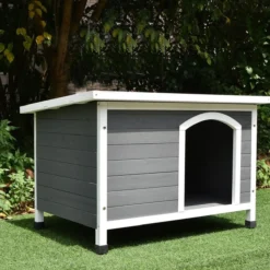 Niche pour chien Toit plat ondulé grise et blanche taille XL