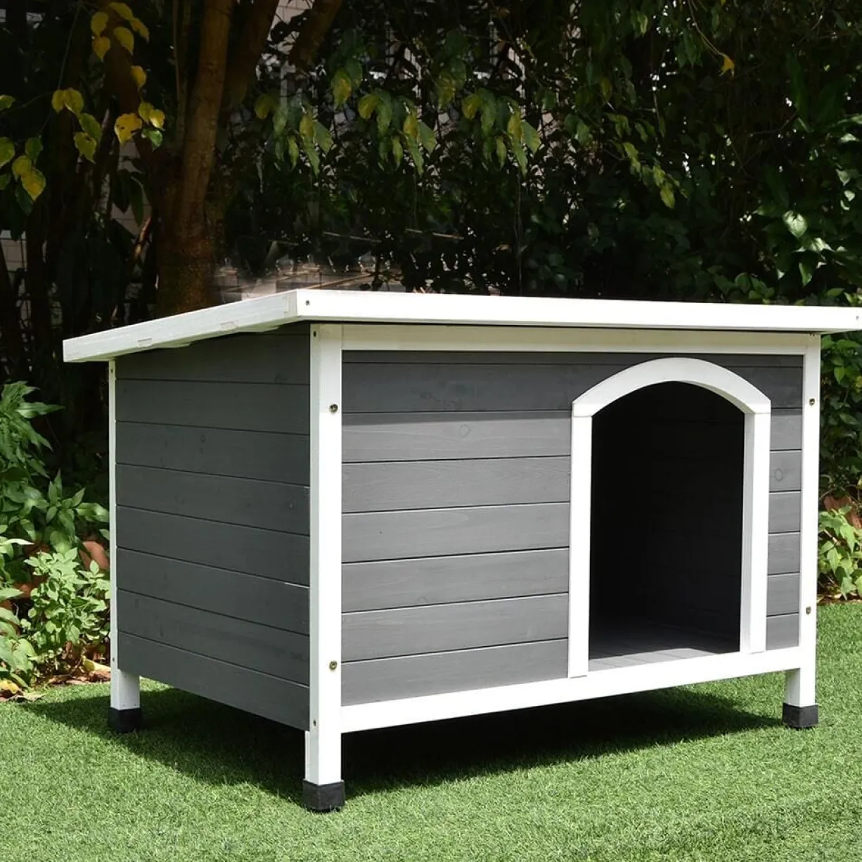 Niche pour chien Toit plat ondulé grise et blanche taille XL