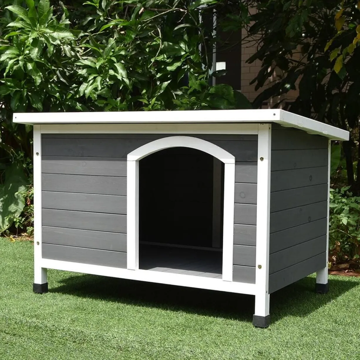 Niche pour chien Toit plat ondulé grise et blanche taille XL