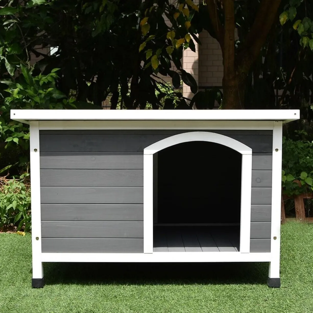 Niche pour chien Toit plat ondulé grise et blanche taille XL