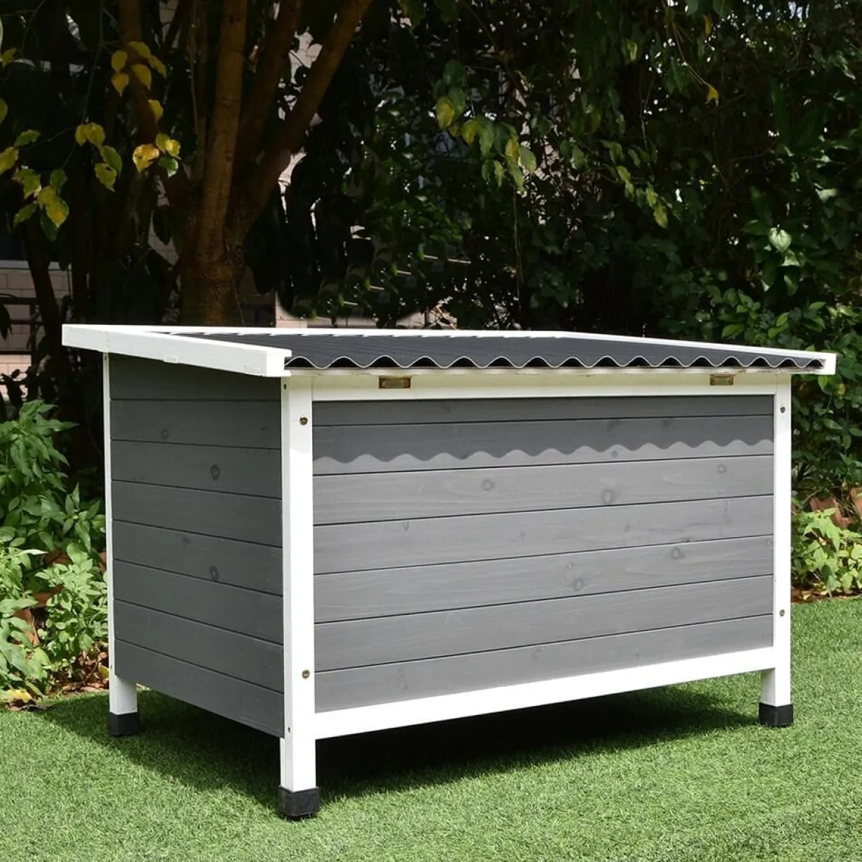 Niche pour chien Toit plat ondulé grise et blanche taille XL