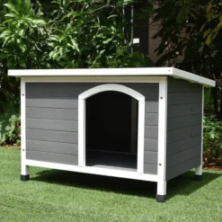 Niche pour chien toit plat ondulé grise et blanche taille XL avec porte lamelles PVC taille 3