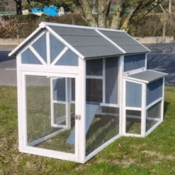 Poulailler Deluxe bleu toit shingle gris jusqu’à 12 poules avec extension parc grillagé