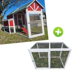 Poulailler Deluxe rouge toit shingle vert jusqu’à 12 poules avec extension parc grillagé