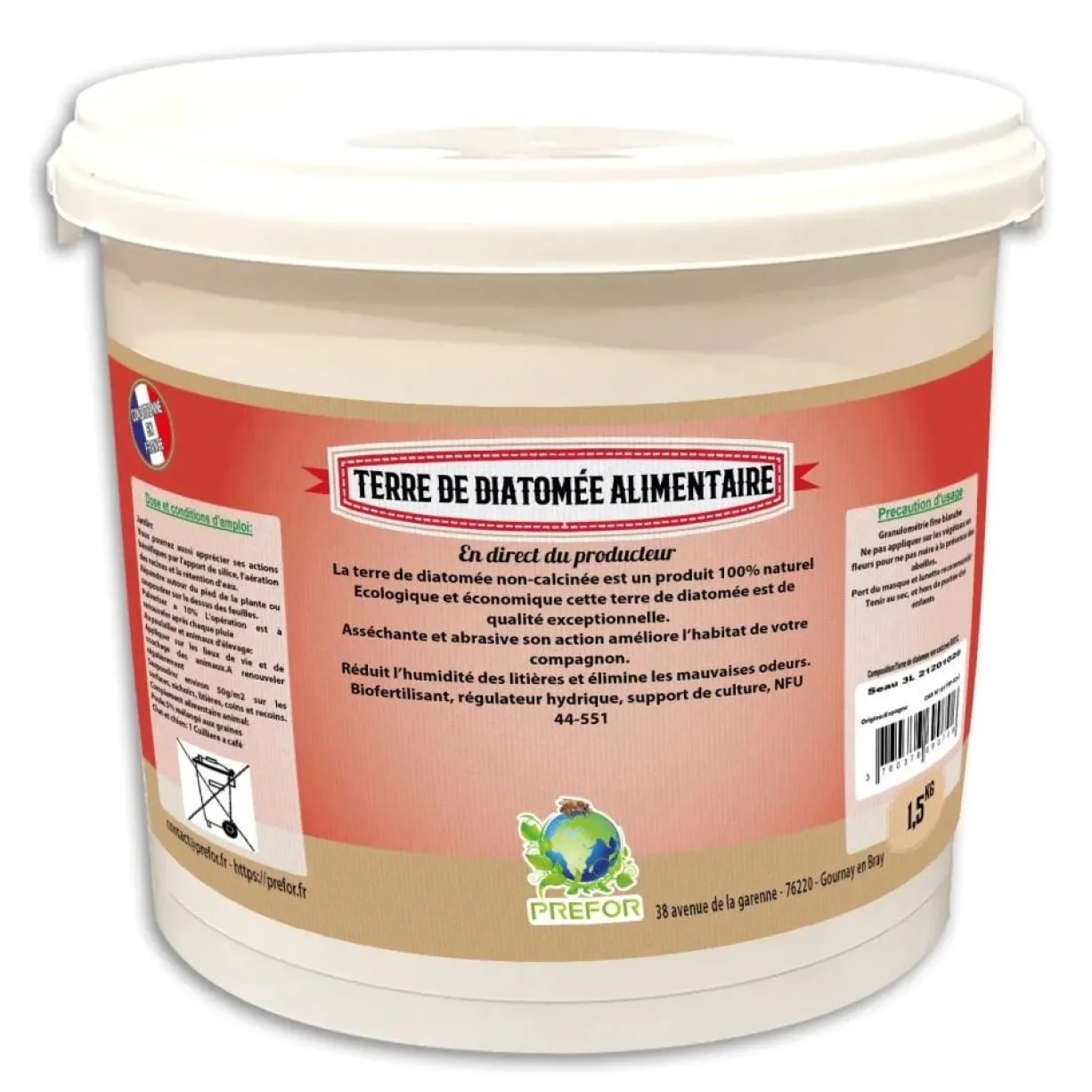 Terre de diatomée blanche non-calcinée alimentaire poule seau 1,5kg - Prefor