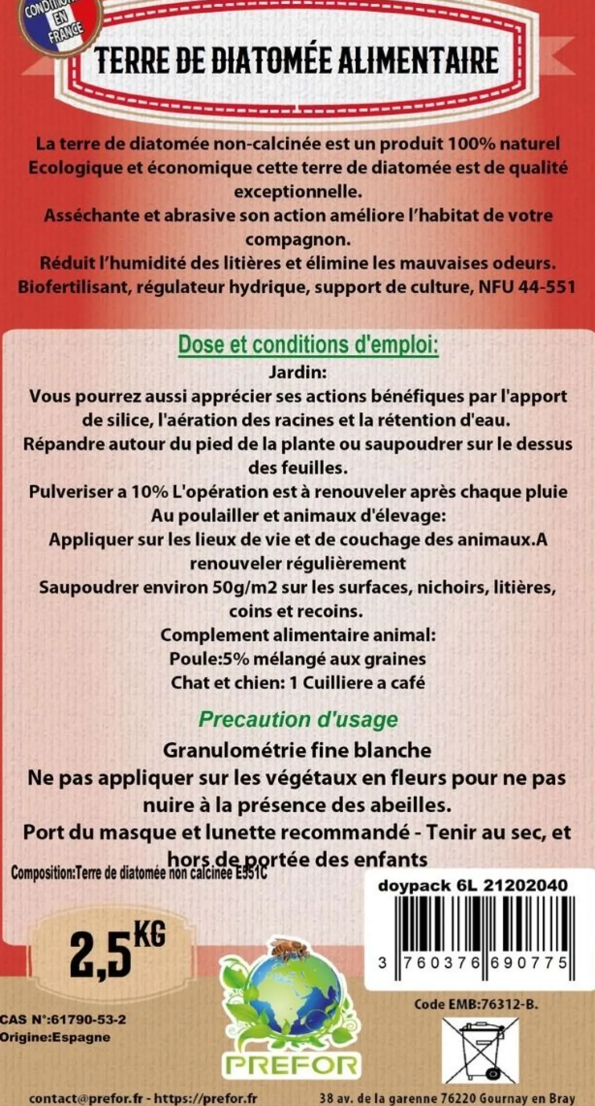 Terre de diatomée blanche non-calcinée alimentaire poule Doypack 2,5kg - Prefor