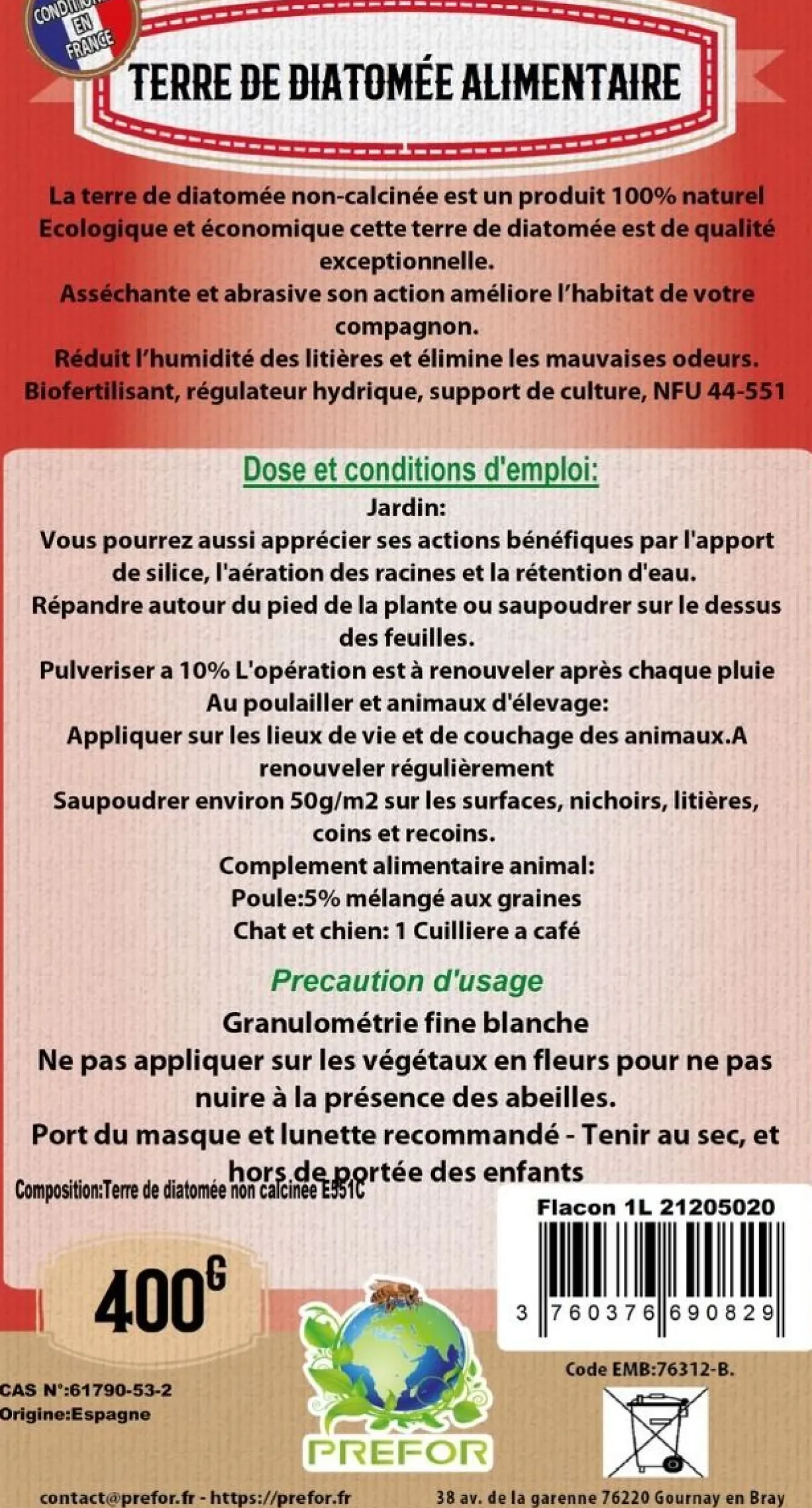 Terre de diatomee blanche non-calcinée alimentaire flacon 400g