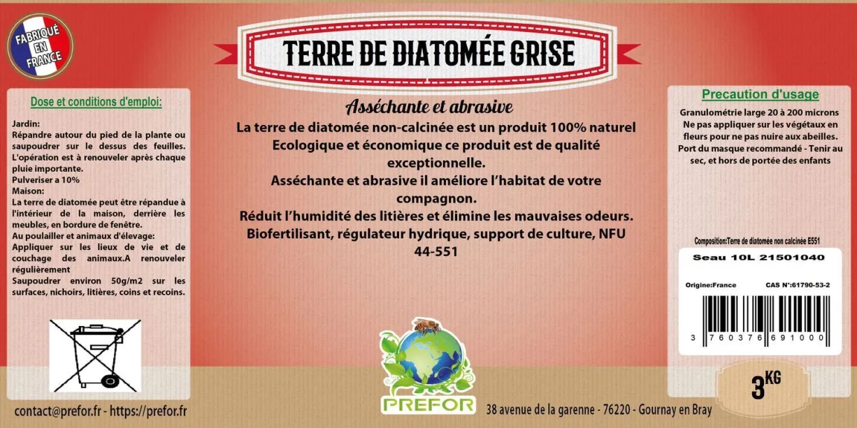 Terre de diatomée grise non-calcinée non-alimentaire poule seau 3kg - Prefor