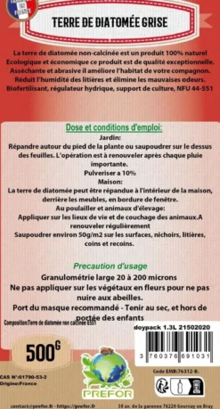 Terre de diatomée grise non-calcinée non-alimentaire poule Doypack 500g - Prefor
